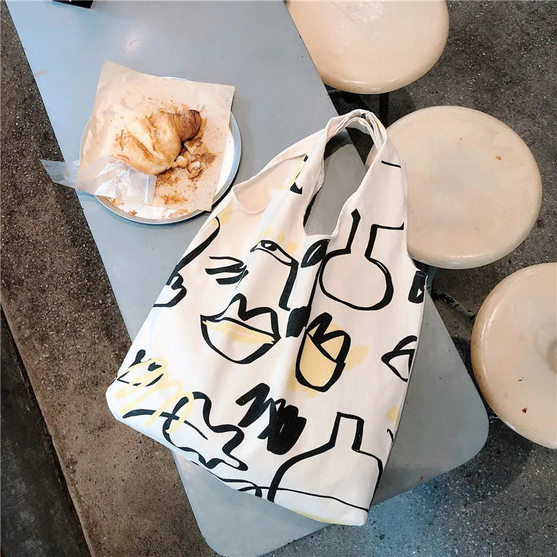 Large Capacity Women's Bag Graffiti Line Shoulder Bag Canvas Bag
