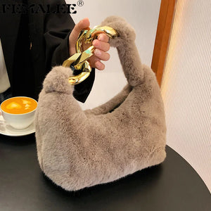 Faux Fur Chain Shoulder Bag for Women Winter Lady Tote Handbag