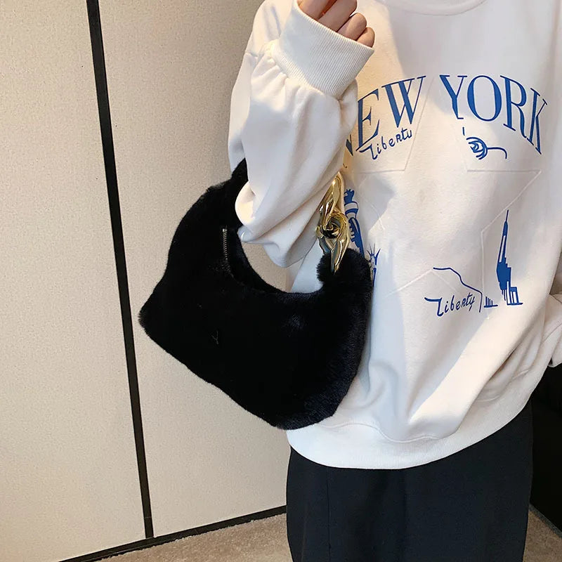 Faux Fur Chain Shoulder Bag for Women Winter Lady Tote Handbag