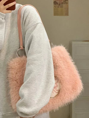 Large Women's Shoulder Bag Faux Fur Plush Top-handle Bag for Girls