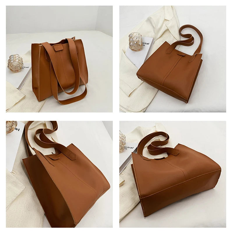 Large Capacity Women's Tote Bag PU Leather Vintage Shoulder Bag