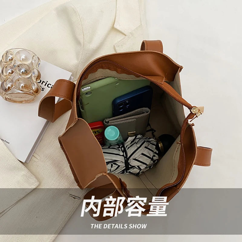 Large Capacity Women's Tote Bag PU Leather Vintage Shoulder Bag