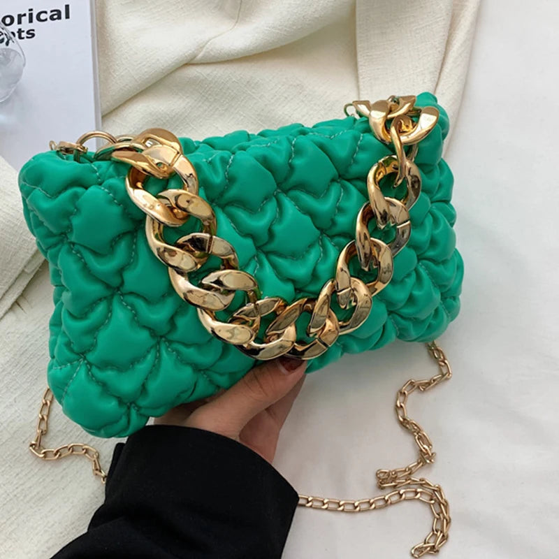 Women PU Leather Handbag Triangle Zipper Clutch Blue/Green Shoulder Bag