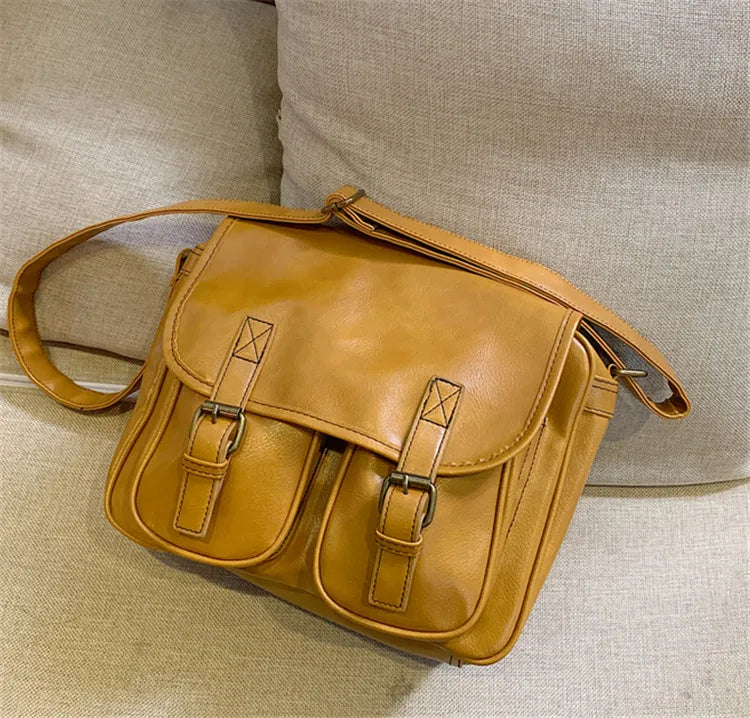 Large Cross-Body Bag Vintage Shoulder Bag Yellow Oilskin