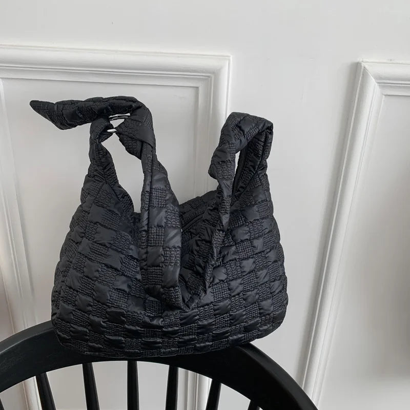 Large Down Feather Shoulder Bags for Women Winter Plaid Crossbody Handbag