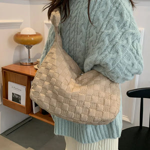 Large Down Feather Shoulder Bags for Women Winter Plaid Crossbody Handbag