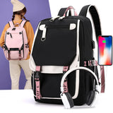 Pink Canvas School Backpack with USB Port for Teen Girls