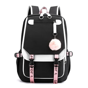 Pink Canvas School Backpack with USB Port for Teen Girls