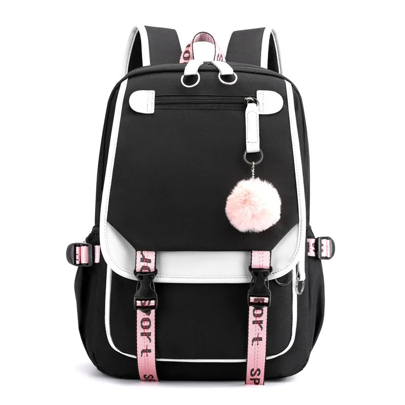 Pink Canvas School Backpack with USB Port for Teen Girls