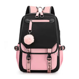 Pink Canvas School Backpack with USB Port for Teen Girls