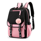 Teen Girls Pink Canvas School Bag USB Port Student Backpack