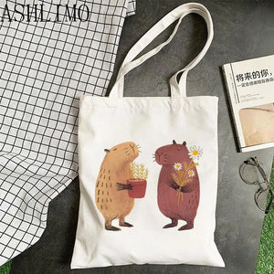 Capybara Cartoon Print Large Shopper Bag Canva Tote Handbag Women Beach Lady Bag
