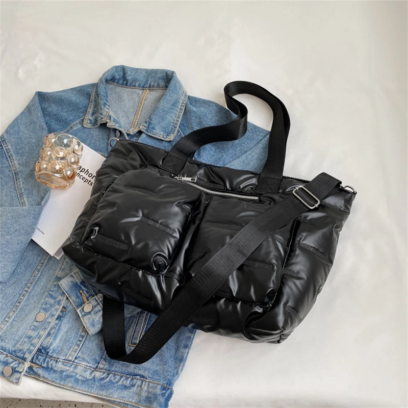 Women's Padded Shoulder Bag Winter Totes Striped Space Crossbody Handbag