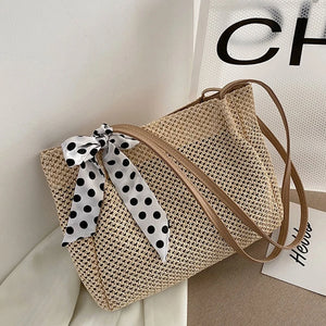 Summer Beach Straw Shoulder Bag with Silk Ribbon Handle