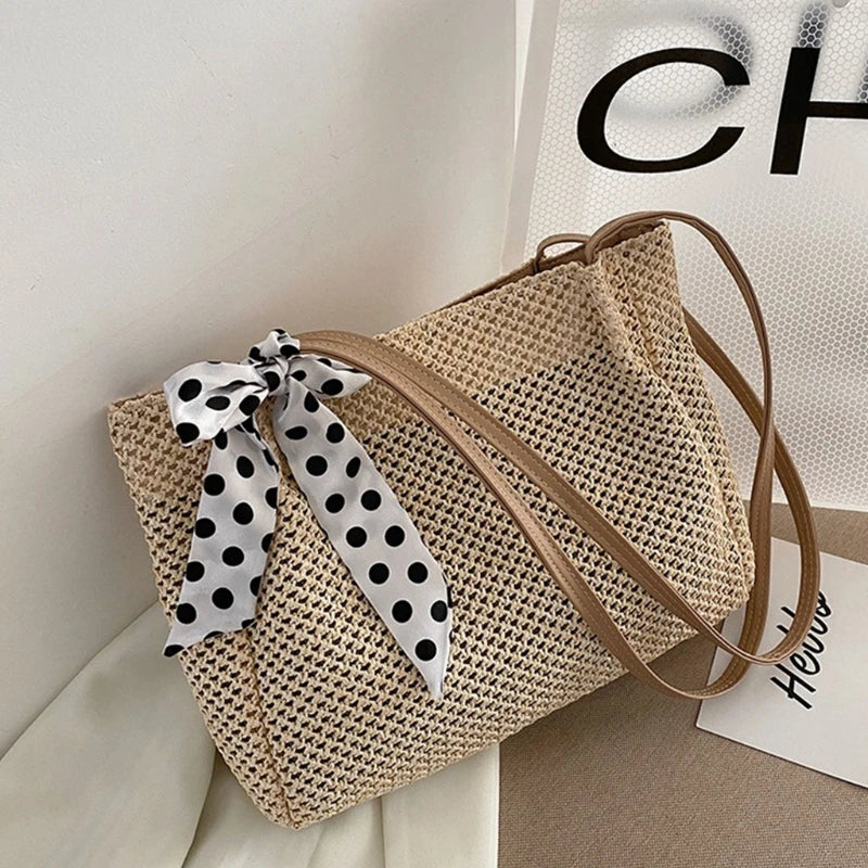 Summer Beach Straw Shoulder Bag with Silk Ribbon Handle