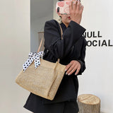 Summer Beach Straw Shoulder Bag with Silk Ribbon Handle