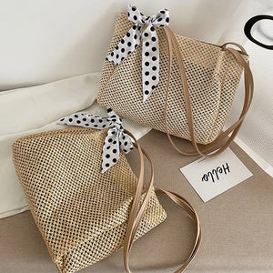 Summer Beach Straw Shoulder Bag with Silk Ribbon Handle