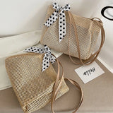 Summer Beach Straw Shoulder Bag with Silk Ribbon Handle
