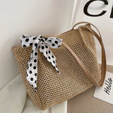 Summer Beach Straw Shoulder Bag with Silk Ribbon Handle