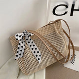 Summer Beach Straw Shoulder Bag with Silk Ribbon Handle
