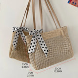 Summer Beach Straw Shoulder Bag with Silk Ribbon Handle