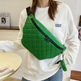 Large Women's Waist Bag Chest Bag Grid Leather Waterproof Fanny Pack