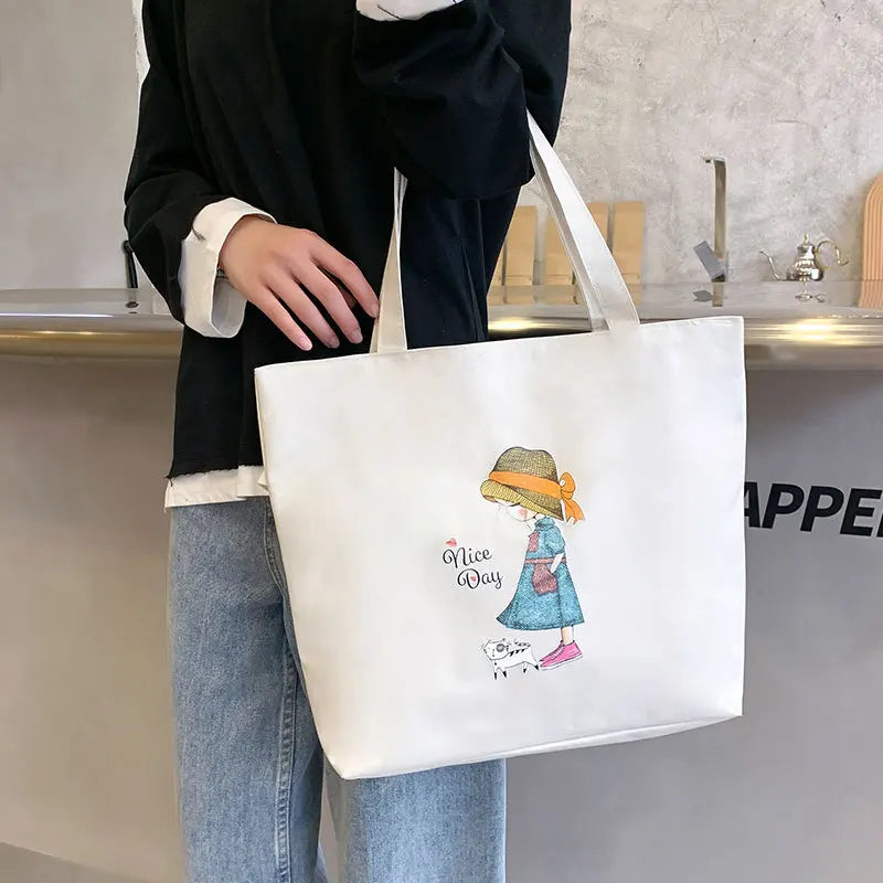 Canvas Shoulder Bag Women's Casual Cartoon Print Handbag