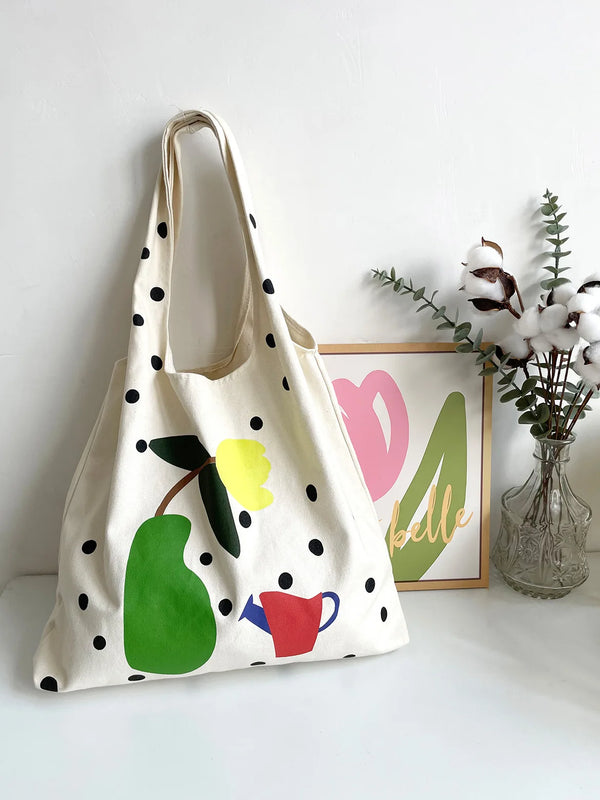 Canvas Shoulder Bag Women's Polka Dot Handbag Tote