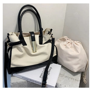 Large Capacity Totes Leather Patchwork Shopper Bag Casual Canvas Women Handbags