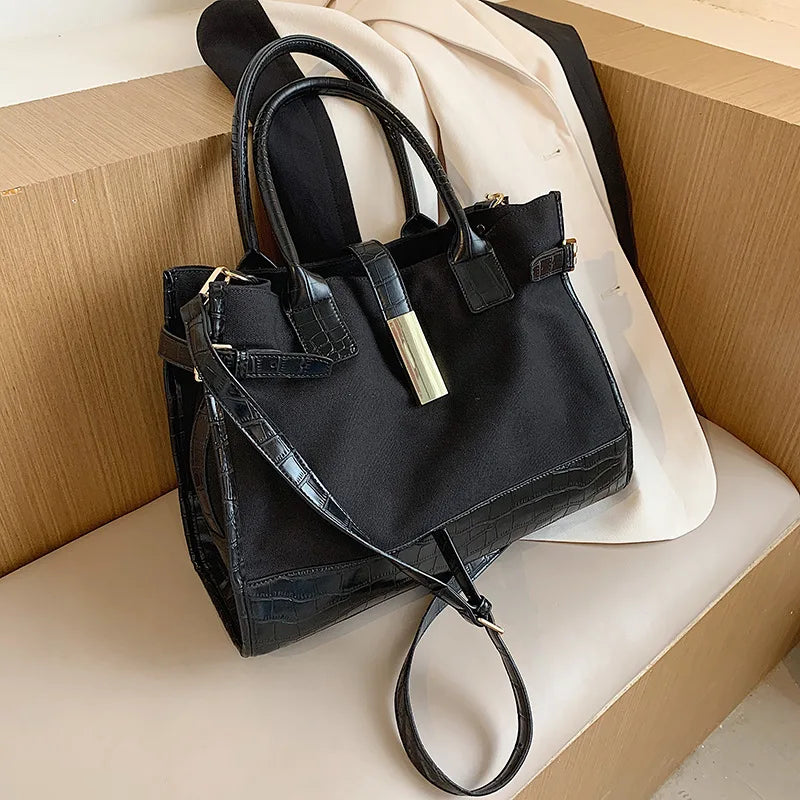 Large Capacity Totes Leather Patchwork Shopper Bag Casual Canvas Women Handbags