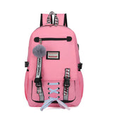 Pink Teen School Backpack with USB Port Canvas Schoolbag