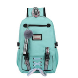 Pink Teen School Backpack with USB Port Canvas Schoolbag
