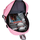 Pink Teen School Backpack with USB Port Canvas Schoolbag