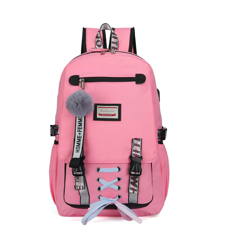Pink Canvas School Bag with USB Port for Teen Girls