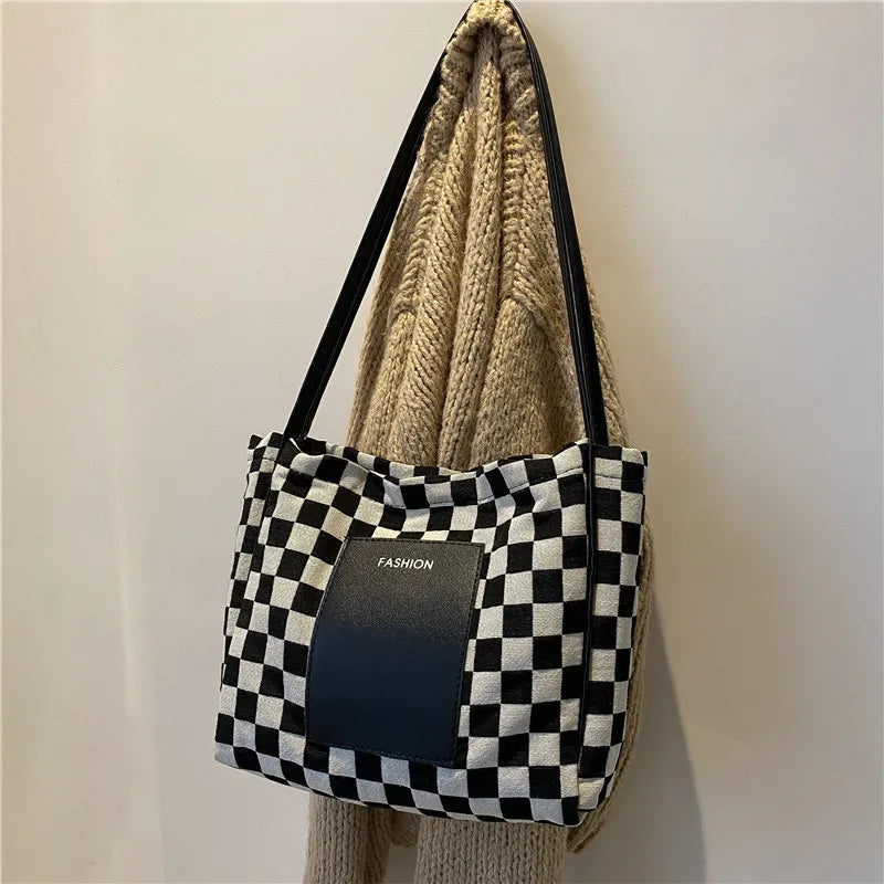 Checkerboard Letter Canvas Tote Bag for Women