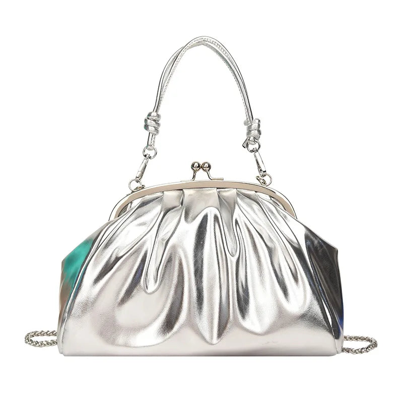 Silver Laser Sparkles Clutch Bag Crossbody Chain Shoulder Party Clutch