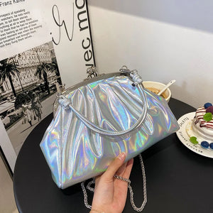 Silver Laser Sparkles Clutch Bag Crossbody Chain Shoulder Party Clutch