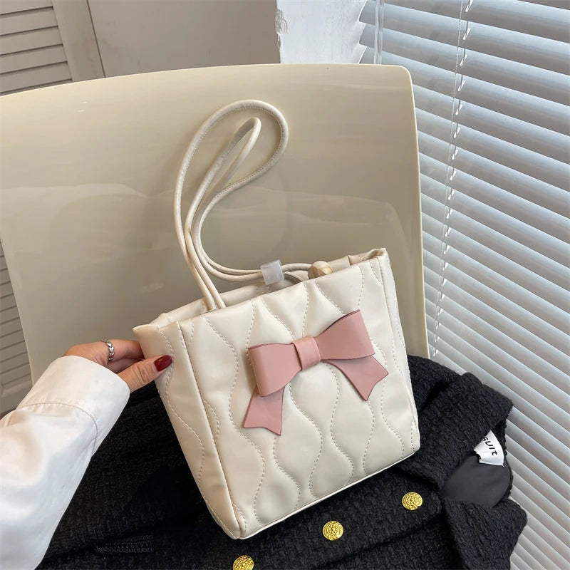 Lattice Pattern Korea Tote Bags for Women Bowtie Handbag Satchel