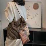 Lattice Plaited Chain Square Nylon Padded Hobo Bag For Women 2 Pc Set