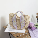 Purple Straw Tote Bag Weaving Shoulder Handbag