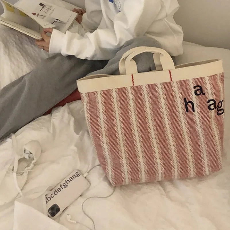 Striped Canvas Tote Bag - Large Capacity