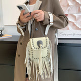 Leather Chain Phone Bag Women's Shoulder Bag Fringe Rivet Crossbody Bag