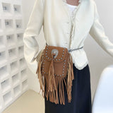 Leather Chain Phone Bag Women's Shoulder Bag Fringe Rivet Crossbody Bag