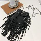 Leather Chain Phone Bag Women's Shoulder Bag Fringe Rivet Crossbody Bag