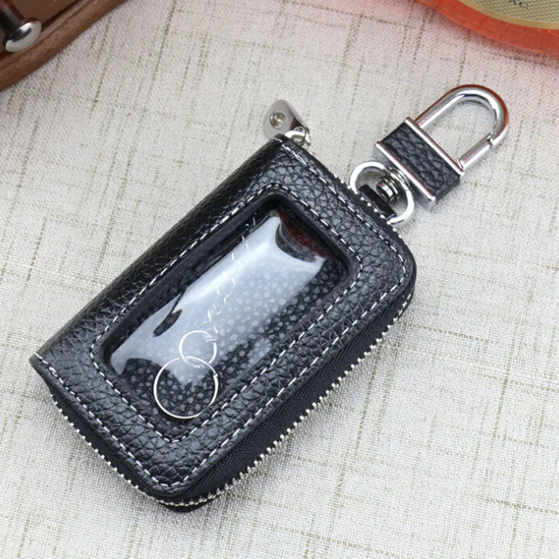Leather Car Key Case Cowhide Key Cover Fob Key Chain For Car Zipper Wallet