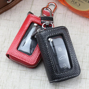 Leather Car Key Case Cowhide Key Cover Fob Key Chain For Car Zipper Wallet