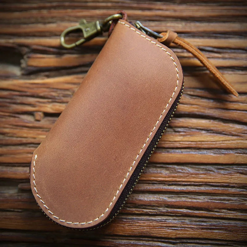 Leather Housekeeper Keychain Key Holder Zipper Ring Key Pouch