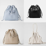 Pleated Stripe Bucket Bag Crossbody Tote for Women