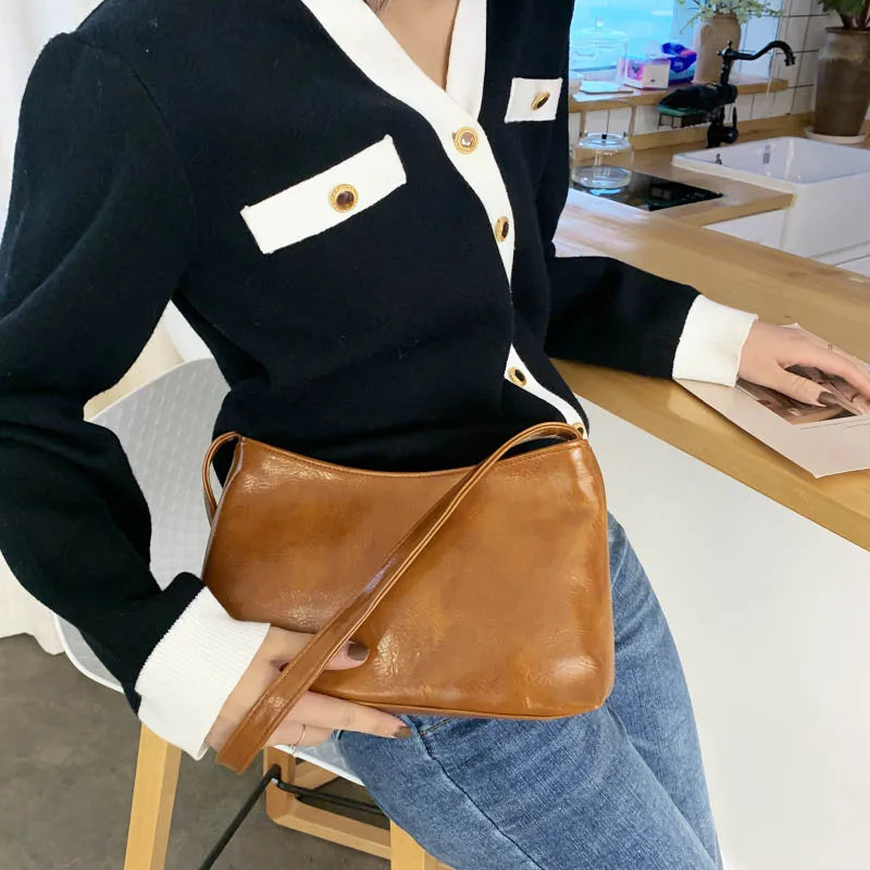 Vintage Leather Shoulder Bag for Women Solid Zipper Purse Small Tote