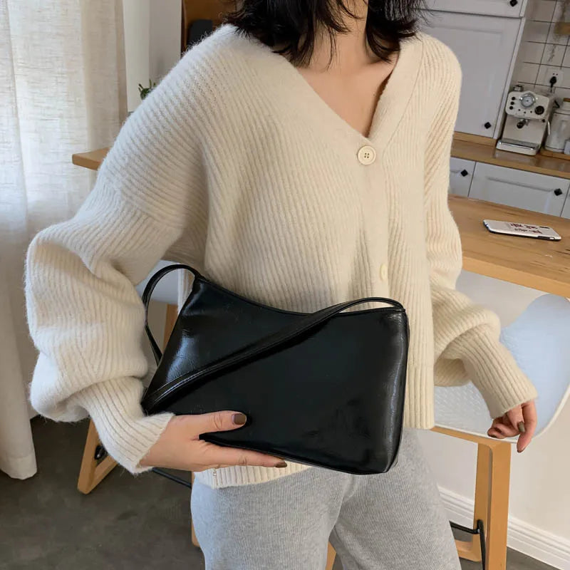 Vintage Leather Shoulder Bag for Women Solid Zipper Purse Small Tote